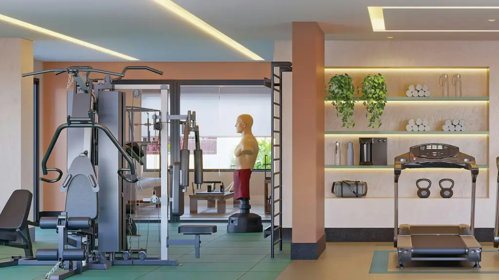 Sophisticated gym interiors with high-end workout machines and lighting.