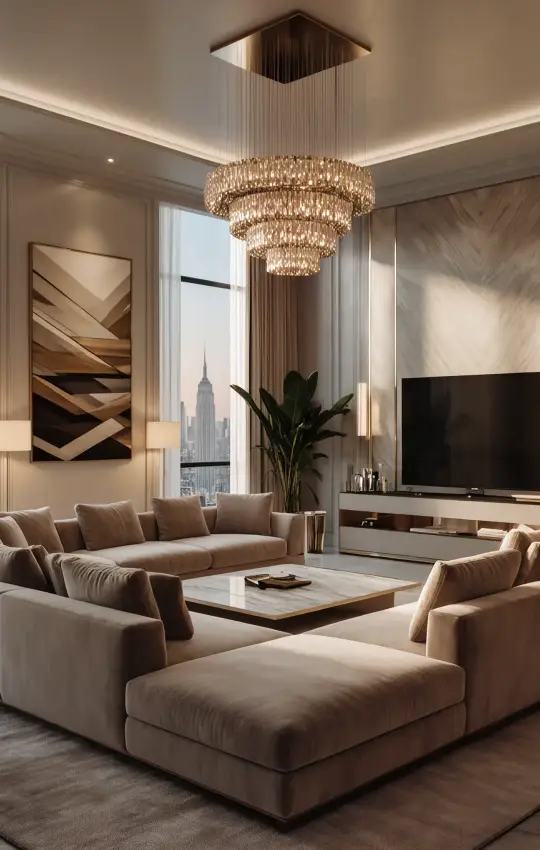 Elegant living room interior design in Bluewaters Island apartment, Dubai