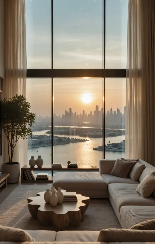Luxury penthouse interior design in Dubai with panoramic skyline and sunset view.